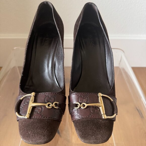 Gucci Vintage Horsebit Brown Suede Pumps Square Toe Block Heel Size 7 Resoled - Picture 8 of 16